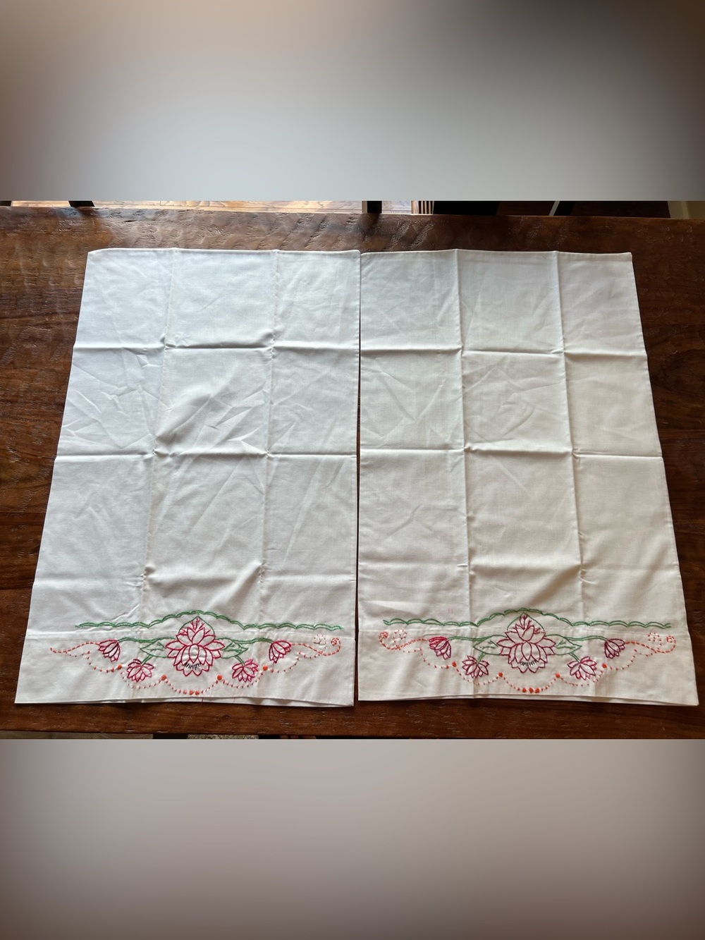 White Embroidered Pillow Cases Red & Green Floral Accent